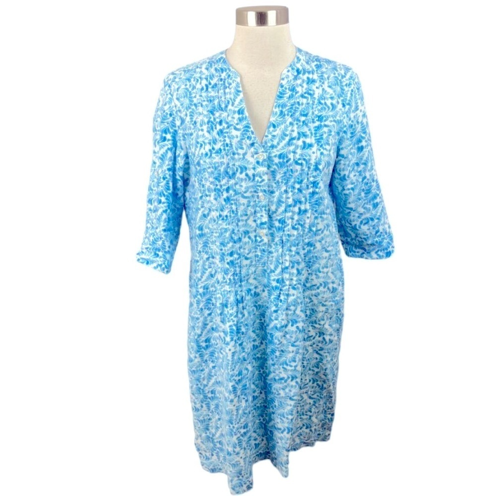 Women’s J. McLaughlin Blue & White Linen Riviera Pleat Partial Button Dress